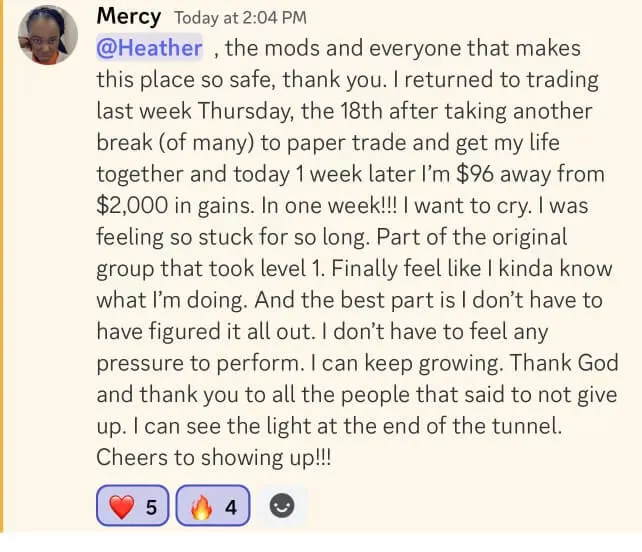 Discord screenshot: Mercy, $96 away from $2,000 in gains in one week